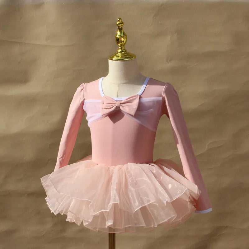 Light girls ballet leotard set - puff-sleeve top, tulle tutu skirt, polyester, for dance class