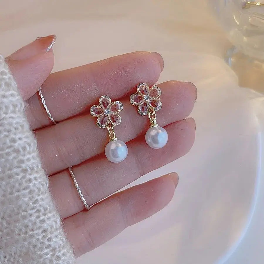 Korean Style Party Jewelry, Fall 2026 Gift Idea – Crystal Flower Earrings Pearl Drop Gold Tone