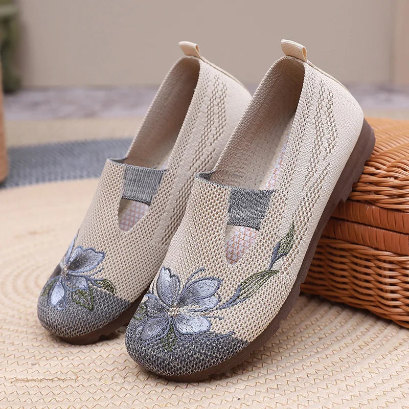 Women’s Breathable Flats - Slip-On Mesh, Embroidered