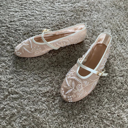 Women Breathable Ballet Flats - Mary Jane Mesh, Embroidered