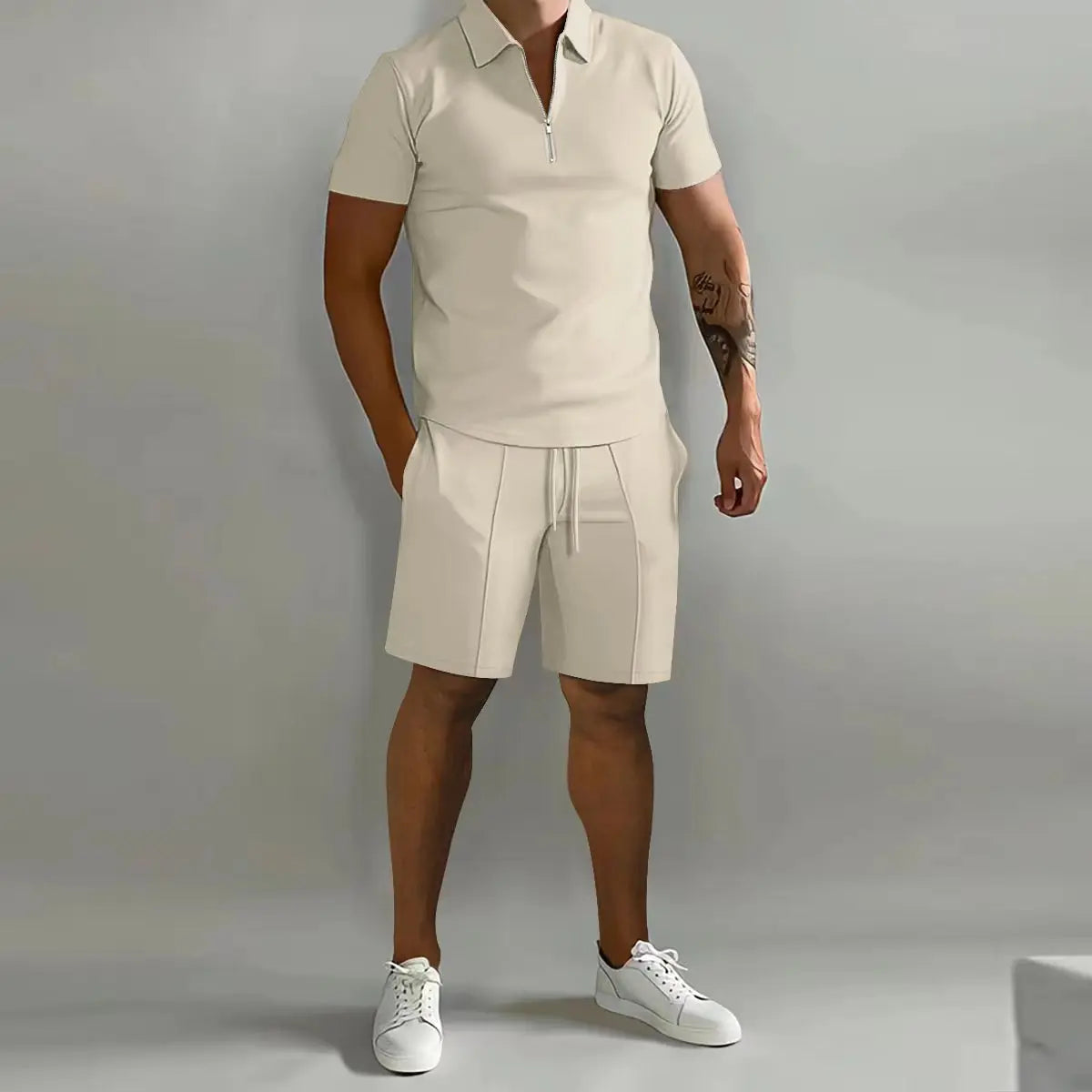 Solid Color Polo Shirt & Vertical Stripe Pants Kit - Casual Short Sleeve Sports Wear