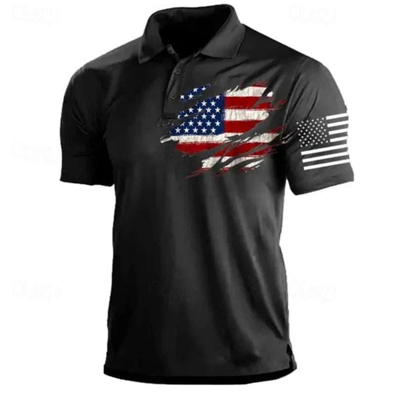 Light men's polo shirt - classic polo, 3D American flag print, casual everyday wear