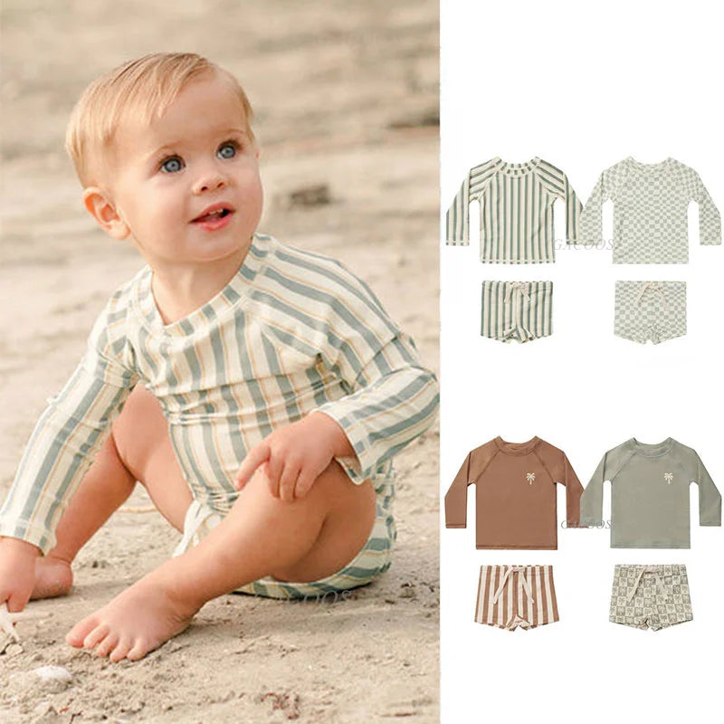 Long-Sleeve Rash Guard Top, Shorts, Polyester, Summer Beachwear – Fast-dry Unisex Baby Swimwear 2-Piece Kit