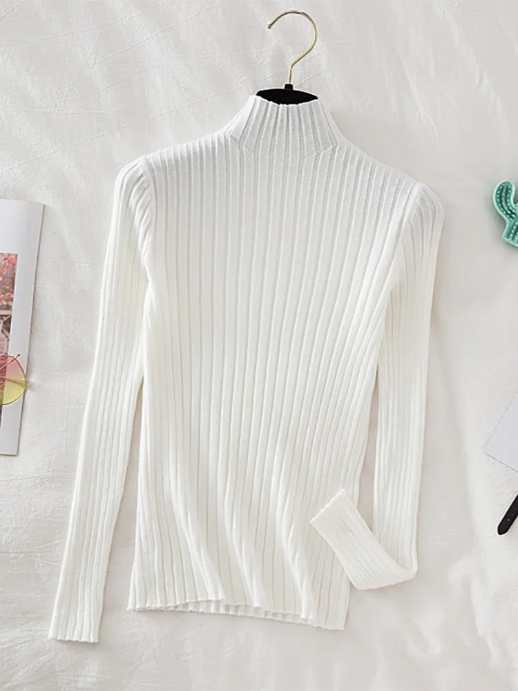 Flattering Stretchy Women Ribbed Sweater - Mock Neck, Knit