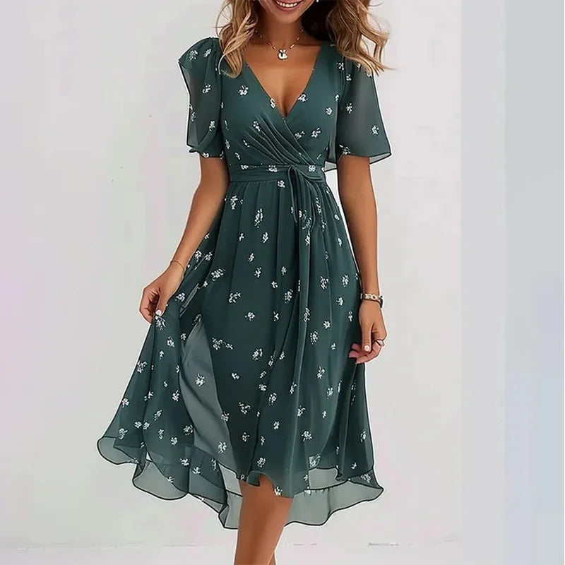 Deep Sexy V-neck Print Women's Summer Dresses - Elegant Swing Party Office Wear