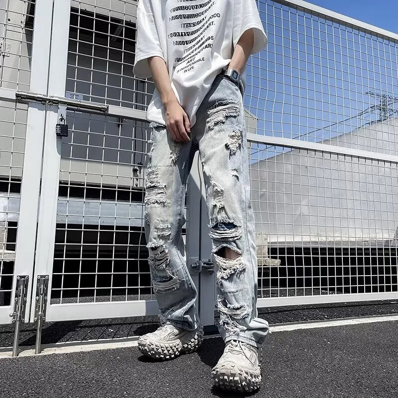 Relaxed Oversized Mens Jeans - Ripped Straight Leg Denim