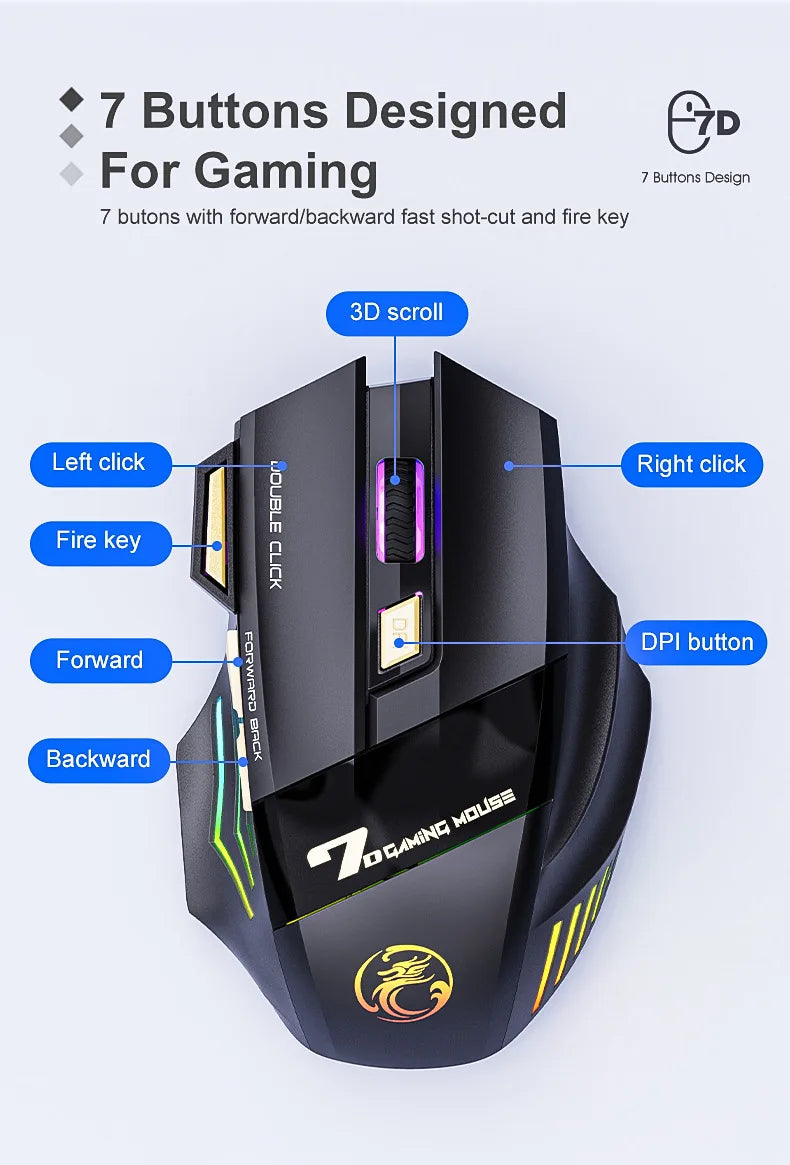 Cordless Gaming Mouse 3200DPI Dual Mode Battery-Powered