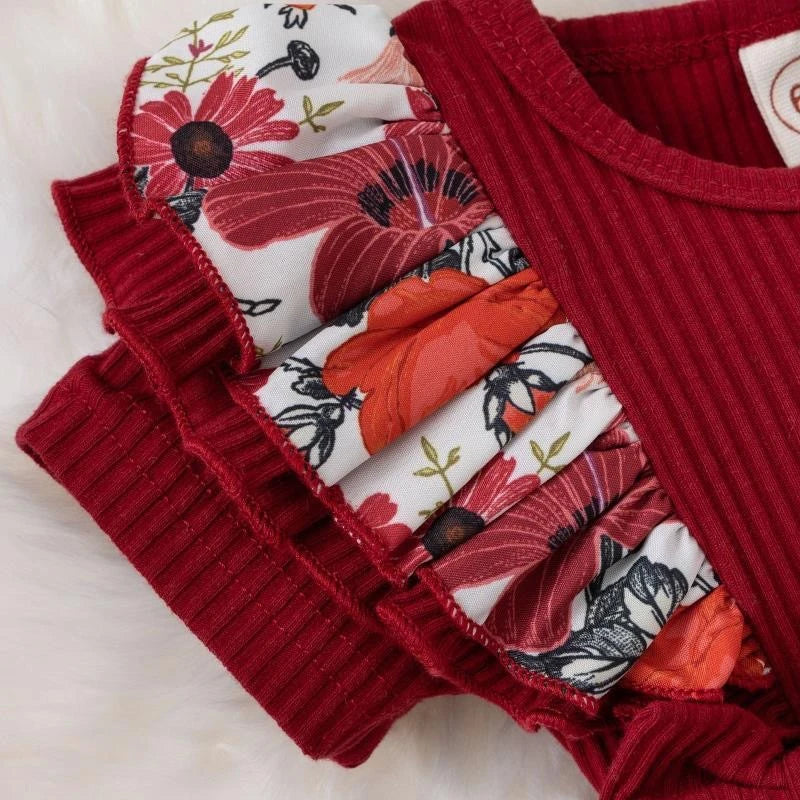 Plush baby girl dress - floral print, bowknot accents, cotton-elastane, summer wear