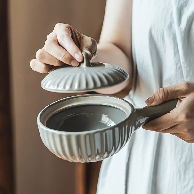 Single Ceramic Handle Bowl With Lid Japanese Style