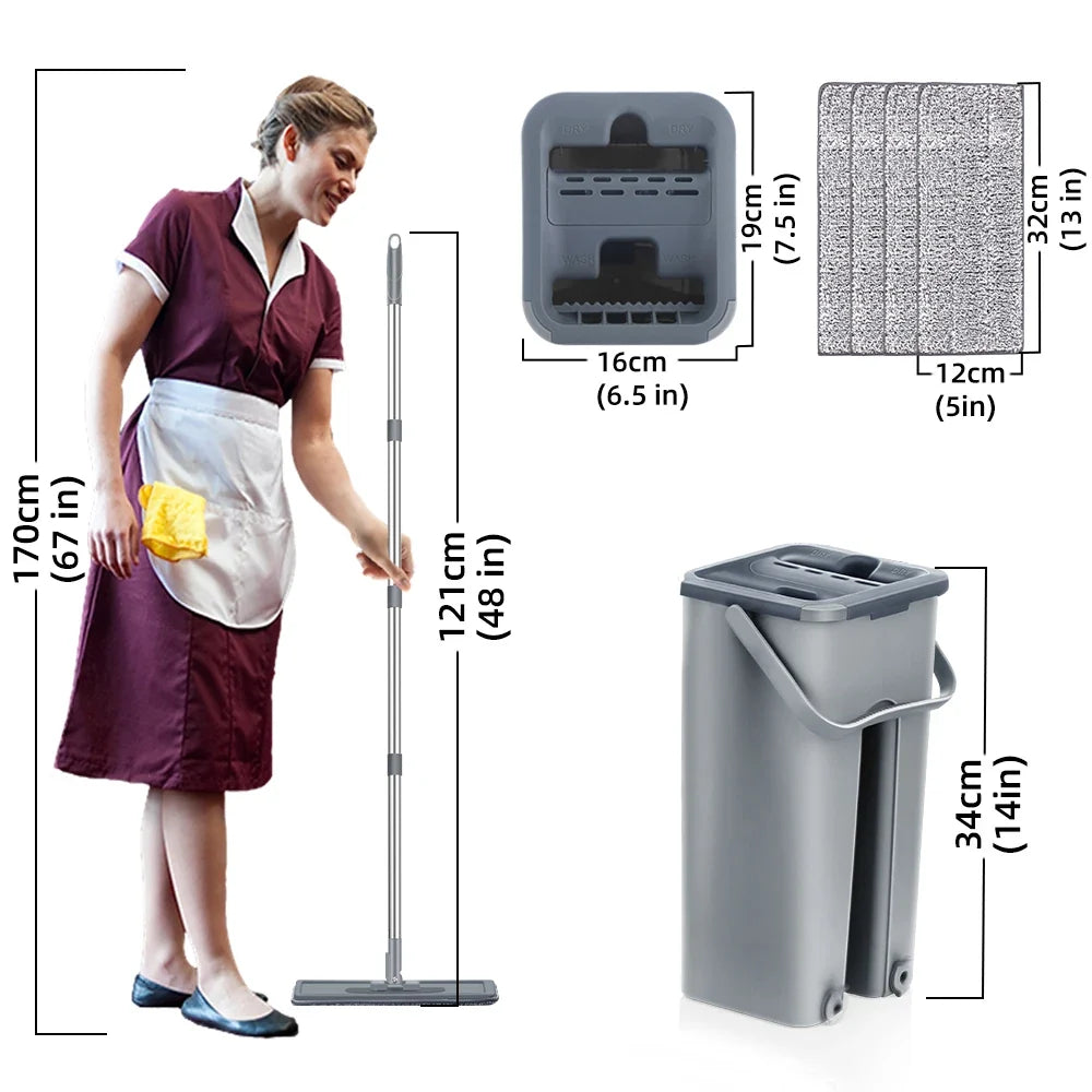 Household Cleaning Hand-Free Flat Floor Mop & Bucket Kit with Washable Microfiber 4x Pads