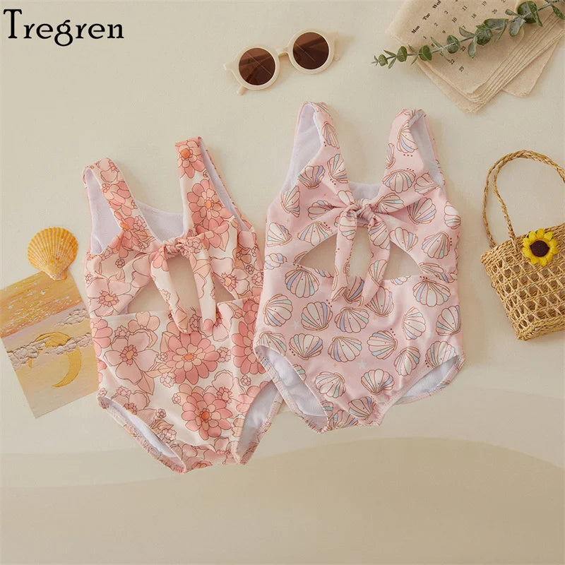 Plush Toddler Girls' One-Piece Swimsuit - Floral Print Bow-Tie Detail, Polyester, For Summer