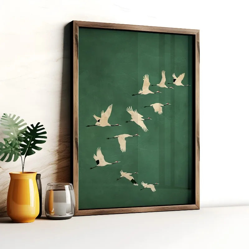 Wall Cranes Art Emerald Green Canvas With Gold Accents
