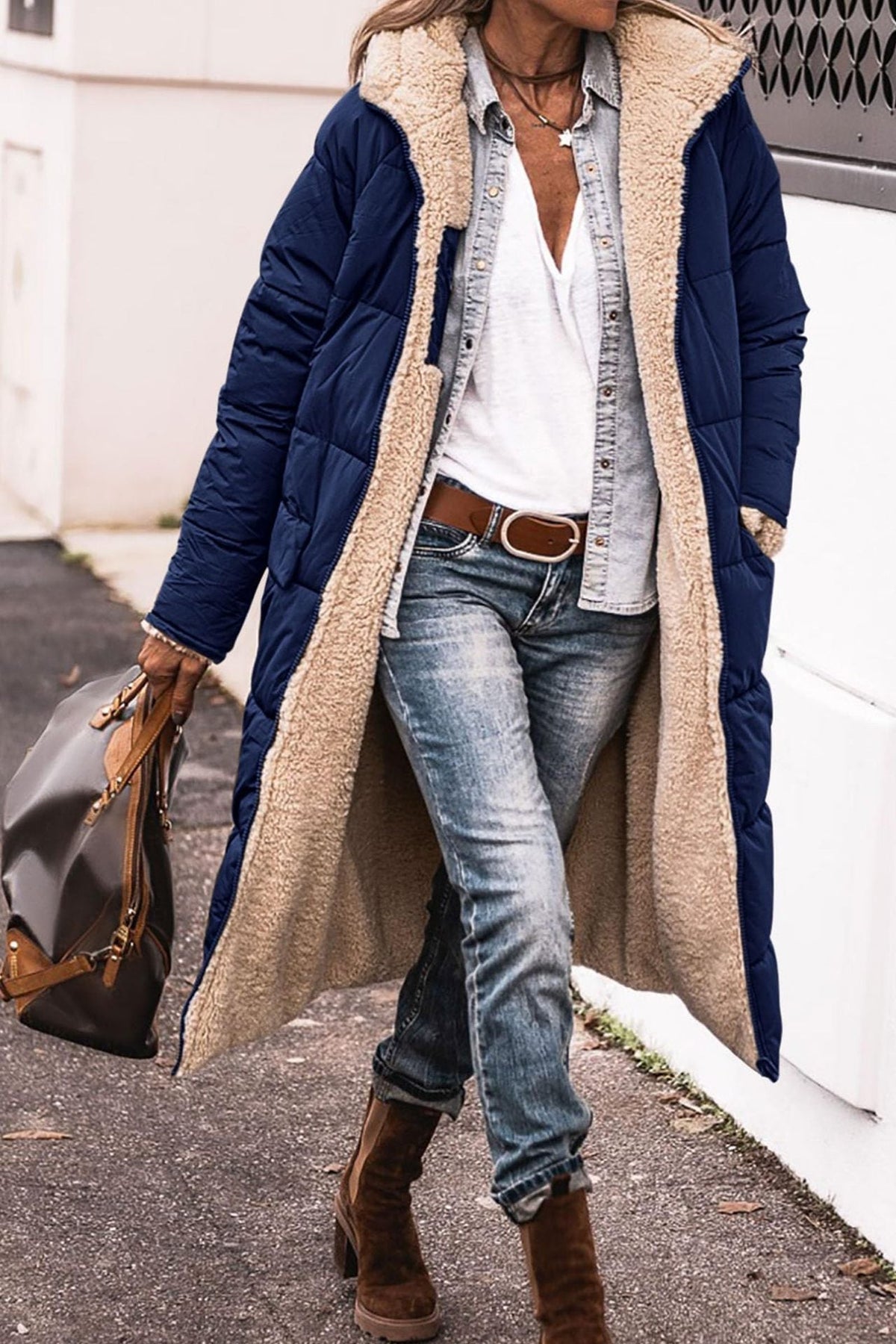 Women’s Warm Reversible Long Coat - Quilted Sherpa Hooded