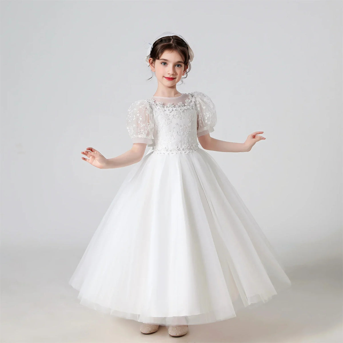 Plush Girls’ Lace-Embroidered Princess Dress - Puff Sleeve, Polyester, For Weddings and Parties