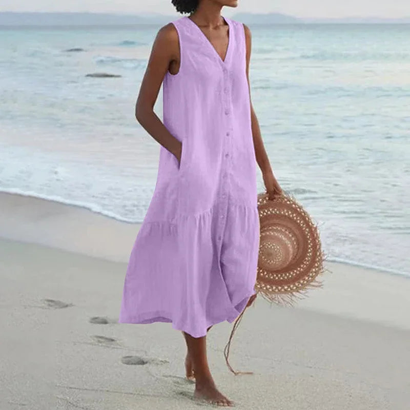 Loose Summer Casual Patchwork Cotton Linen Dress - V Neck Beach Style Midi for Women