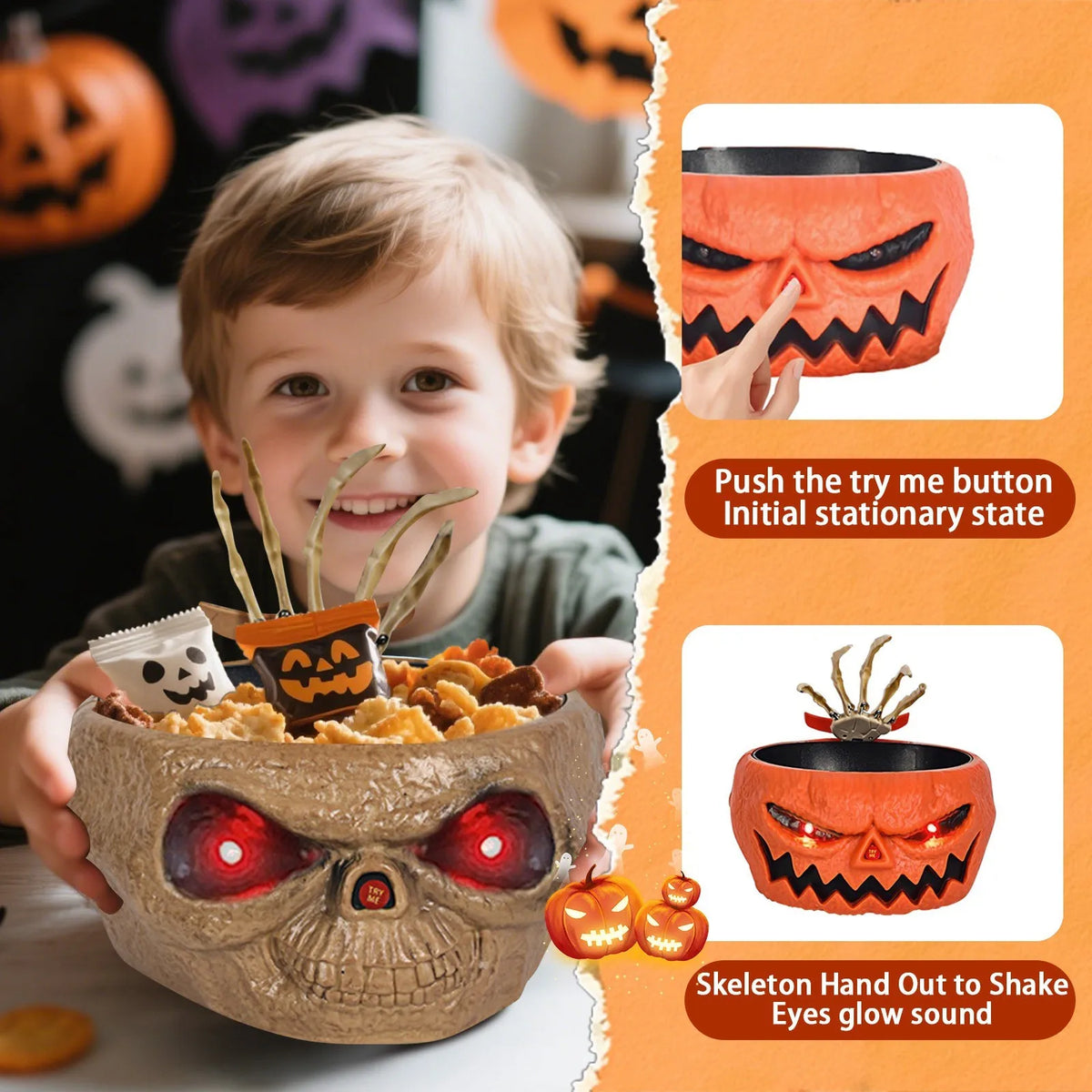Candy Halloween Bowl Motion Sensor Prank With LED Eyes And Skeleton Hand, Halloween 2025 Party Centerpiece