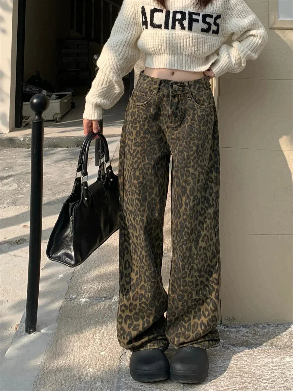 High-Waisted Leopard Print Wide Leg Jeans for Women, Trendy Fit in S-XXL Sizes-5