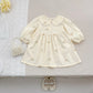 Plush, classic girls' dress - embroidered floral, Peter Pan collar, puff sleeves, cotton, for spring outings