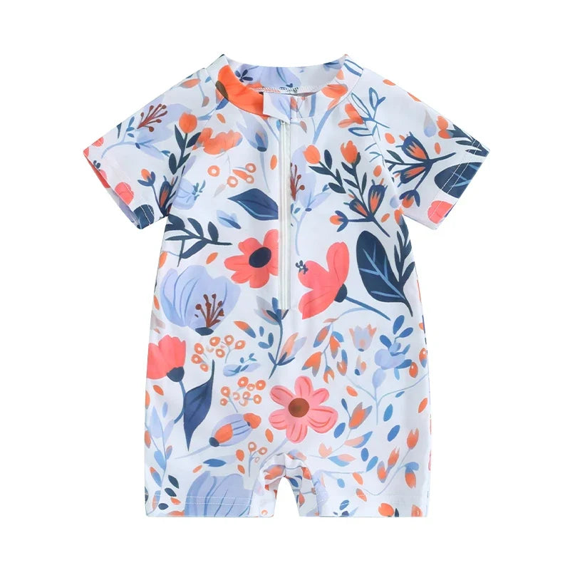 zip-front, short sleeve, floral print, polyester, for summer swimwear – Plush girls’ rash guard romper