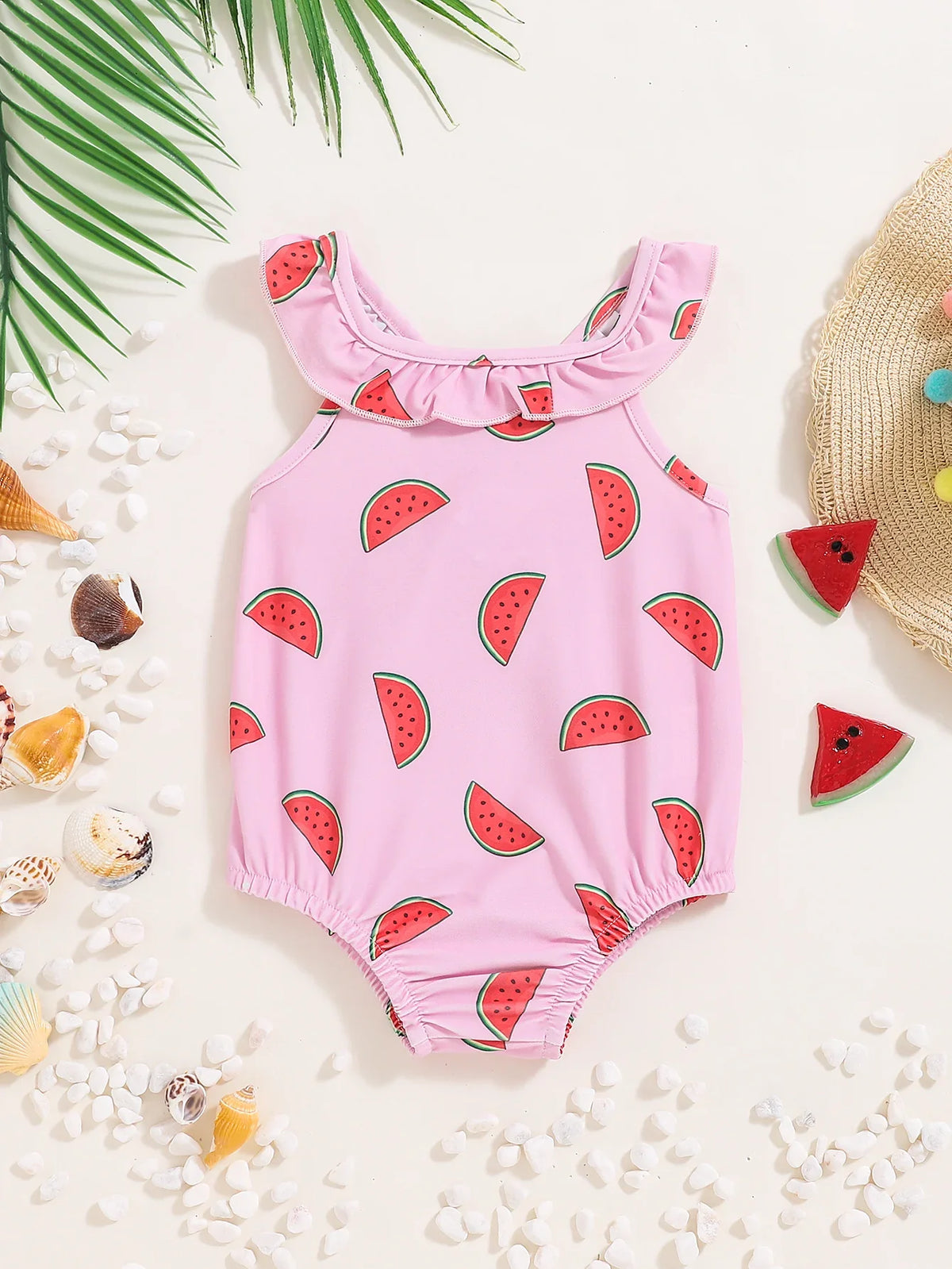 Halter-Neck Watermelon-Print, Polyester, For Summer Beach Days – Plush Sturdy Baby Girls’ Swimsuit