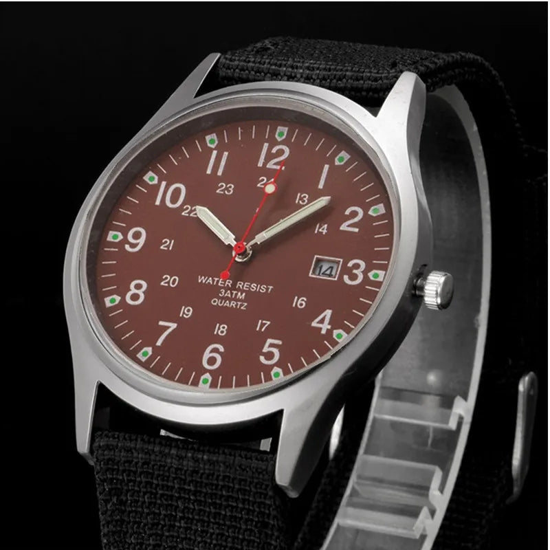 Field Quartz Watch Nylon Strap Military Style Date Luminous