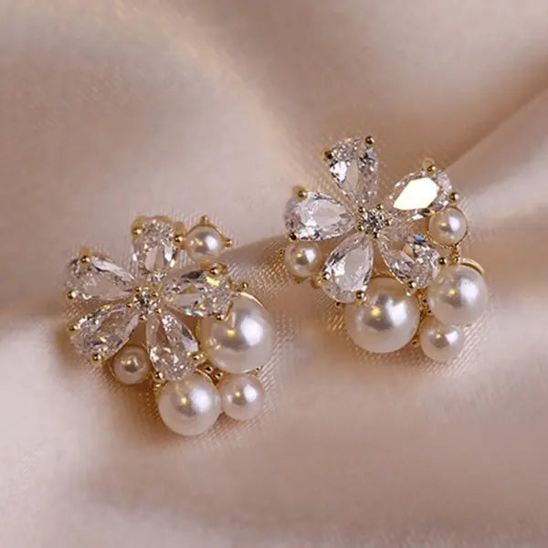 Korean Style Party Jewelry, Fall 2026 Gift Idea – Crystal Flower Earrings Pearl Drop Gold Tone
