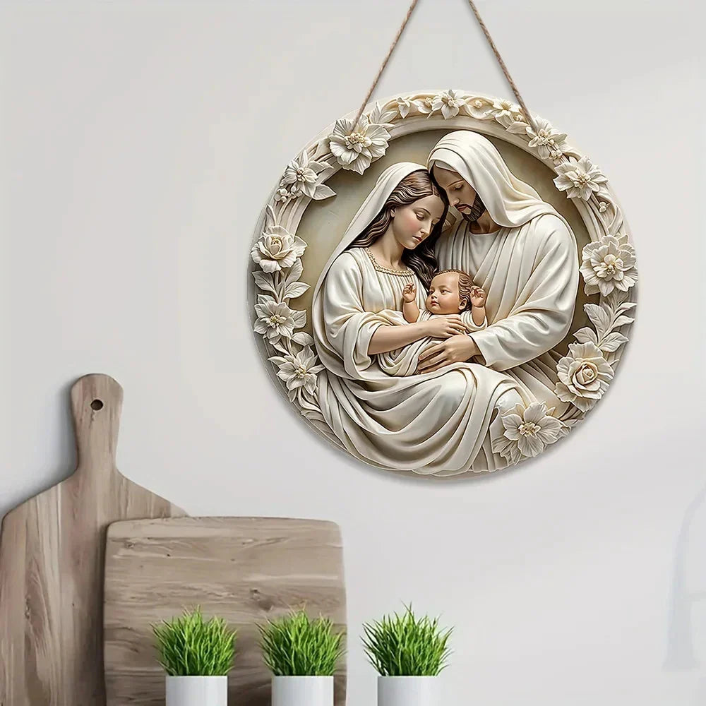 Wooden2025 Edition Nativity Scene Ornament Circular Wall Hanging 7.87in Handcrafted Mary Jesus Joseph Christmas Decor Gift