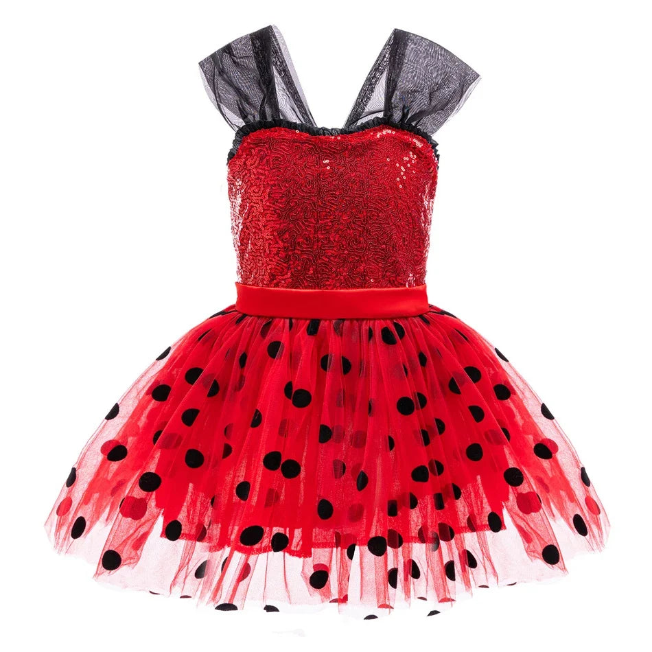 Light girls' Ladybug cosplay costume - sequin bodice with knee-length tulle skirt, polyester, for Halloween