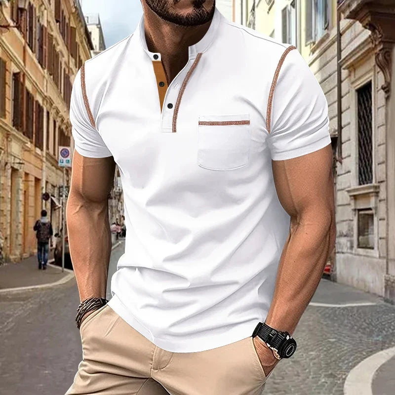 Fashion Summer European American Men's Casual Polo Shirt, Stand-Up Collar Top