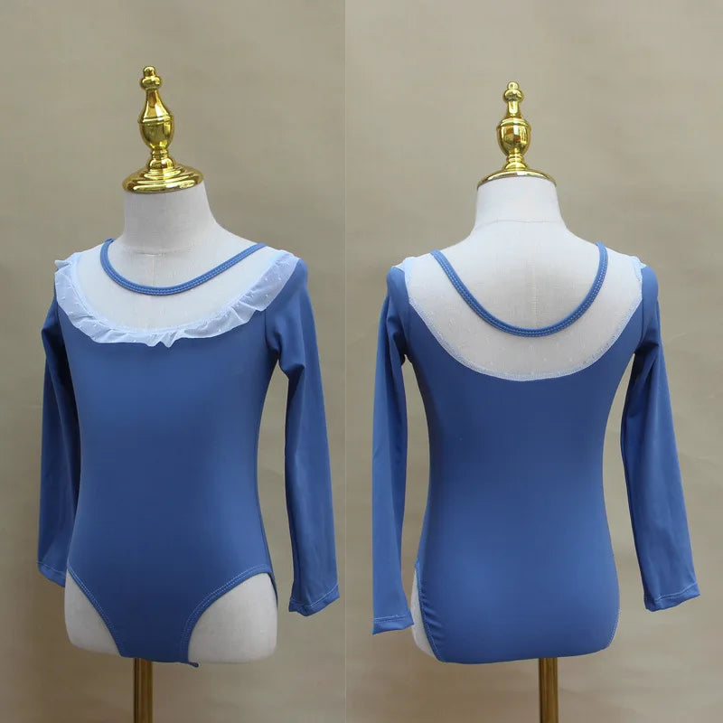 Light girls ballet leotard set - puff-sleeve top, tulle tutu skirt, polyester, for dance class