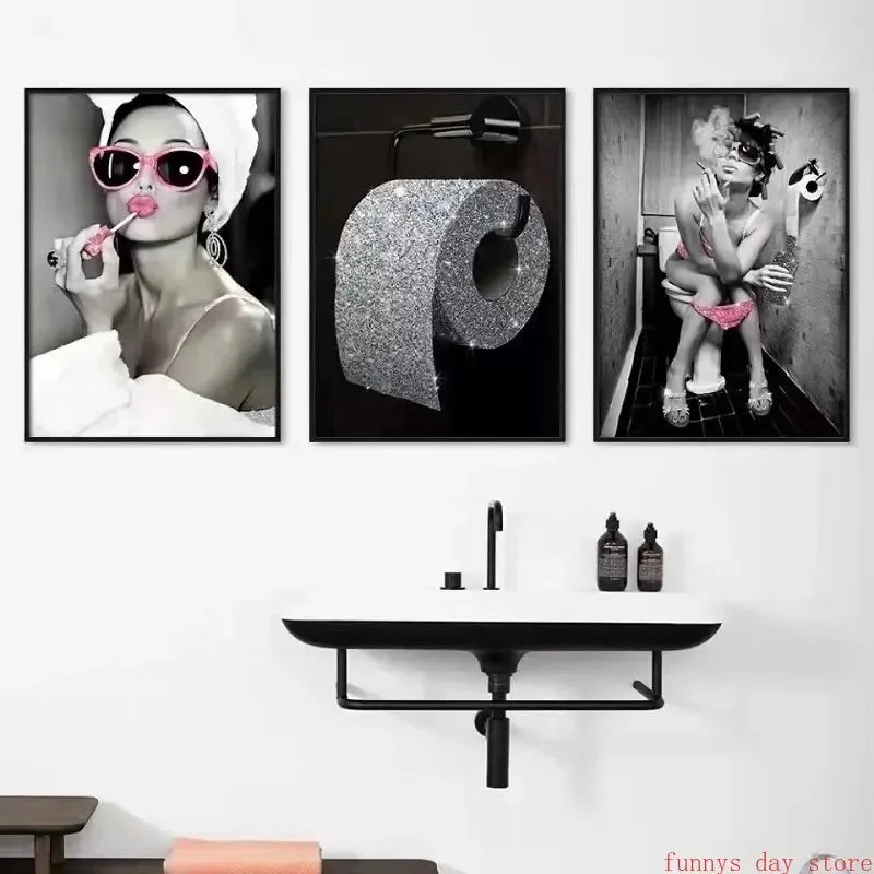 Bathroom Bar Decor Hepburn Canvas Art - Girl Drinking Smoking Wall Picture Bling Design