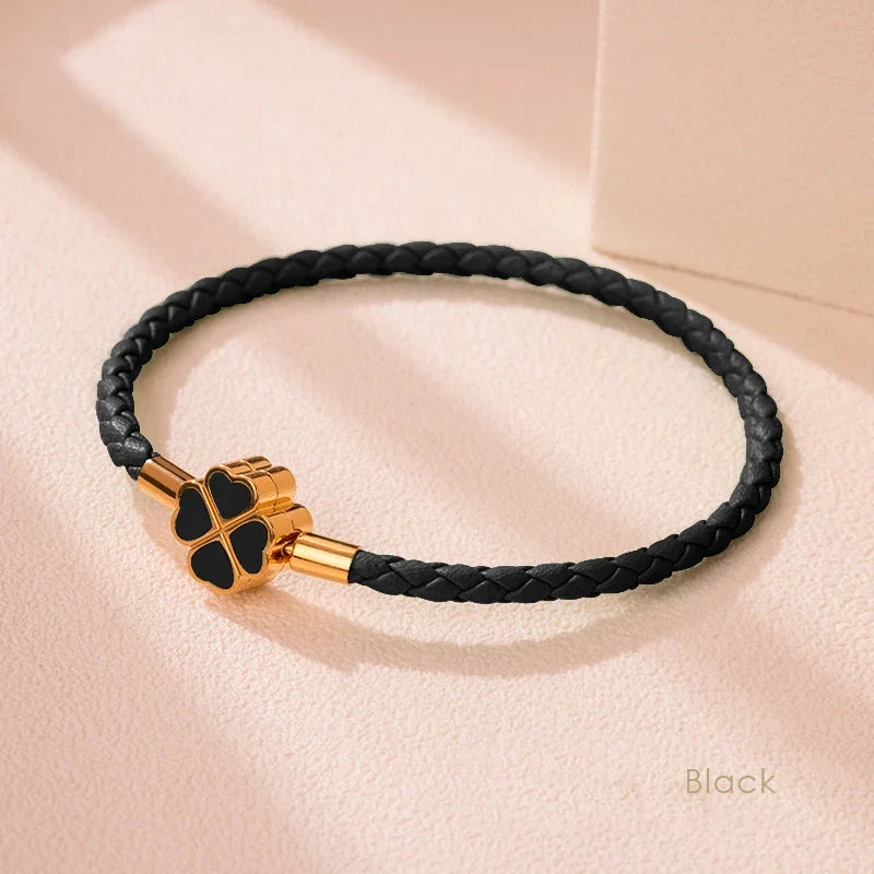 Leaf Four Clover Braided Leather Lucky Bracelet Gift