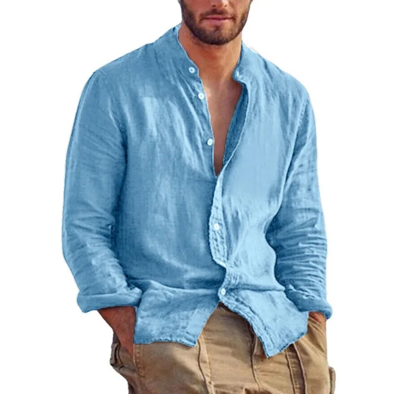 Variant image for Men's Linen Shirt with Mandarin Collar, Lightweight Breathable Casual Summer Shirt in Tailored Fit-21