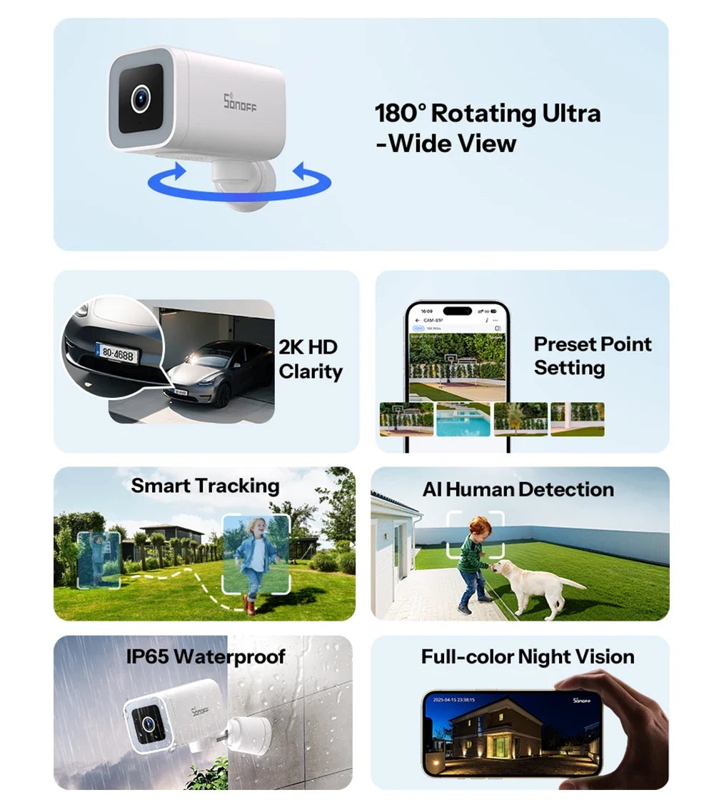 Outdoor Security Camera 2K HD AI Human Detection IP65 Weatherproof 180 Degree Pan Fall 2026 Works With Alexa Google Household