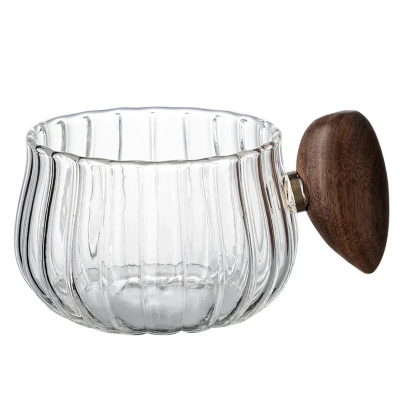 Heat-resistant Stripe Glass Coffee Mug 200ml with Wooden Handle for Latte, Milk, Tea