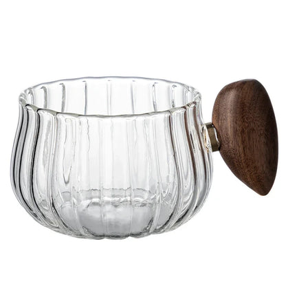 Heat-resistant Stripe Glass Coffee Mug 200ml with Wooden Handle for Latte, Milk, Tea