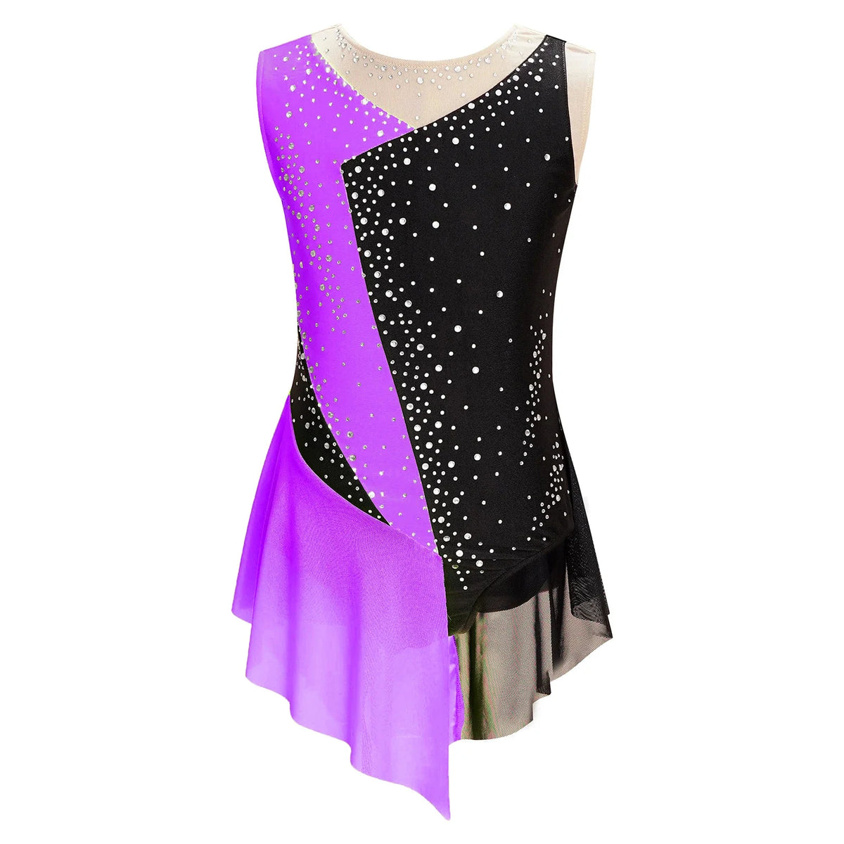 girls' Stretchy leotard - rhinestone mesh yoke, sleeveless, polyester, nylon, elastane, for lyrical dance performance