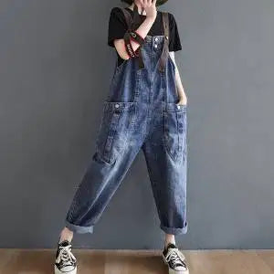 Big Vintage Pocket Suspender Jeans Trousers - Women's Casual Denim Harem Pants