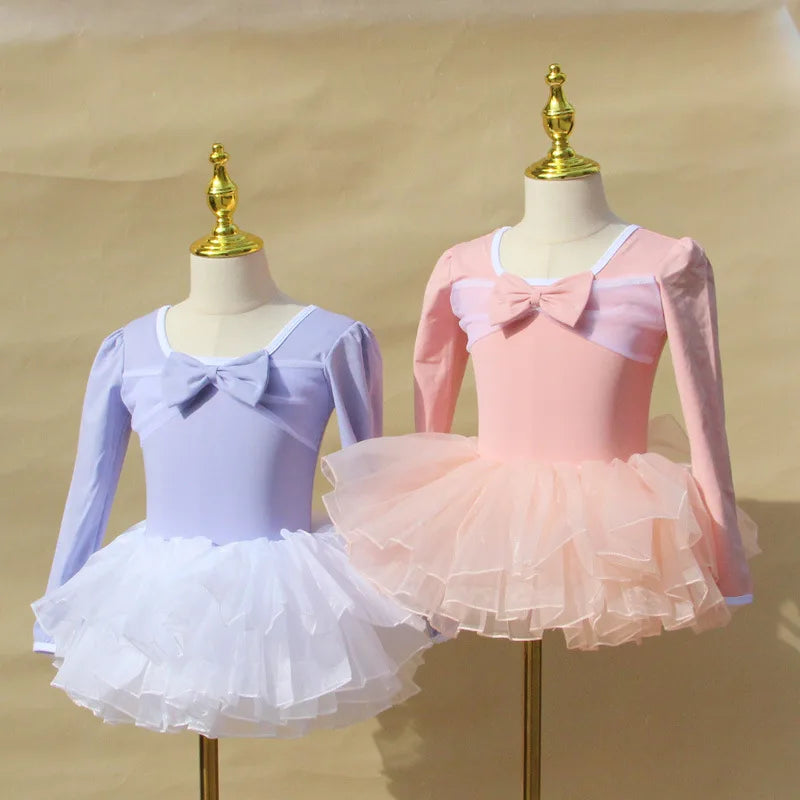 Light girls ballet leotard set - puff-sleeve top, tulle tutu skirt, polyester, for dance class