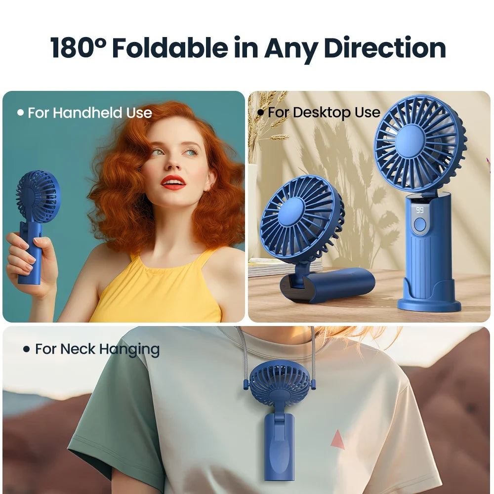 2400mAh/5000mAh Mini Travel-Friendly Fan USB Battery-Powered 3 Speeds, Hand-Held Pocket Fan with Lanyard & Base, Foldable Desk Fan