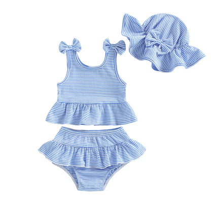 Plush Toddler Girls' Bikini Kit - Striped Tank Top With Ruffle, Matching Bottom, Hat, Polyester-Elastane, Summer Swimwear