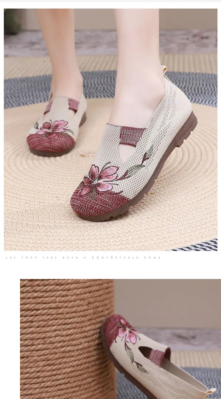 Women’s Breathable Flats - Slip-On Mesh, Embroidered