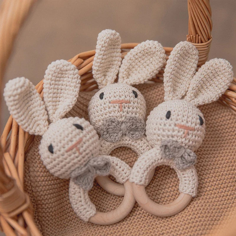 Crochet Wooden Animal Teether Rattle Newborn Sensory Toys