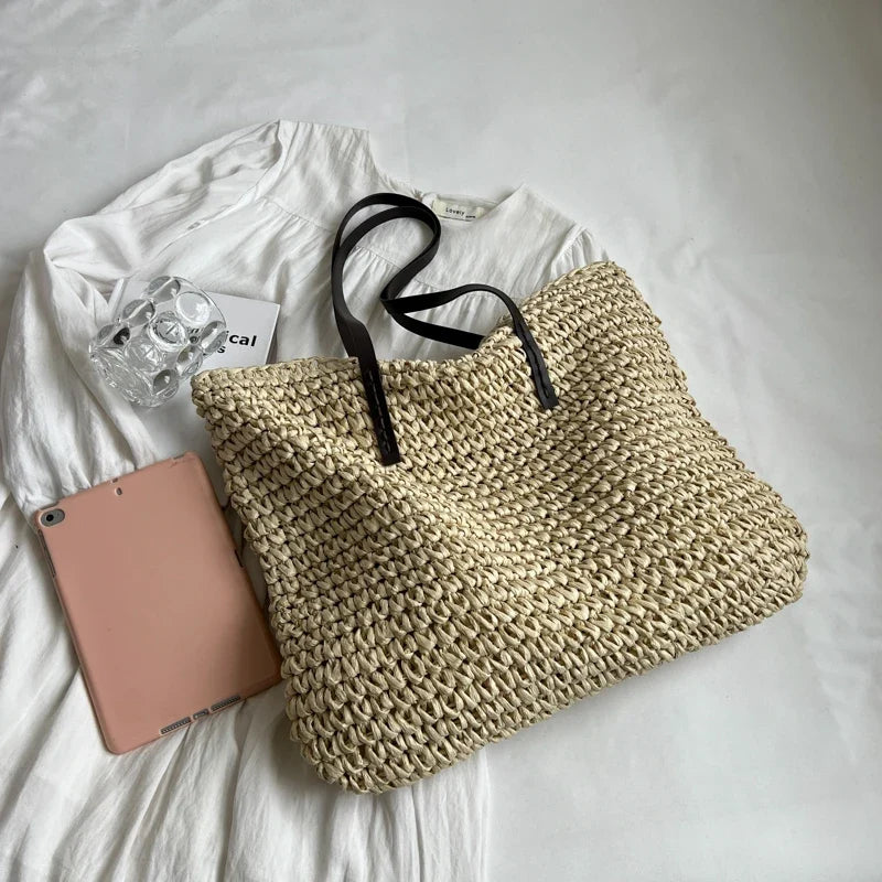 Straw Tote Bag Woven Beach Shoulder Bag Summer 2026 Large Capacity Carryall For Travel And Regular Use
