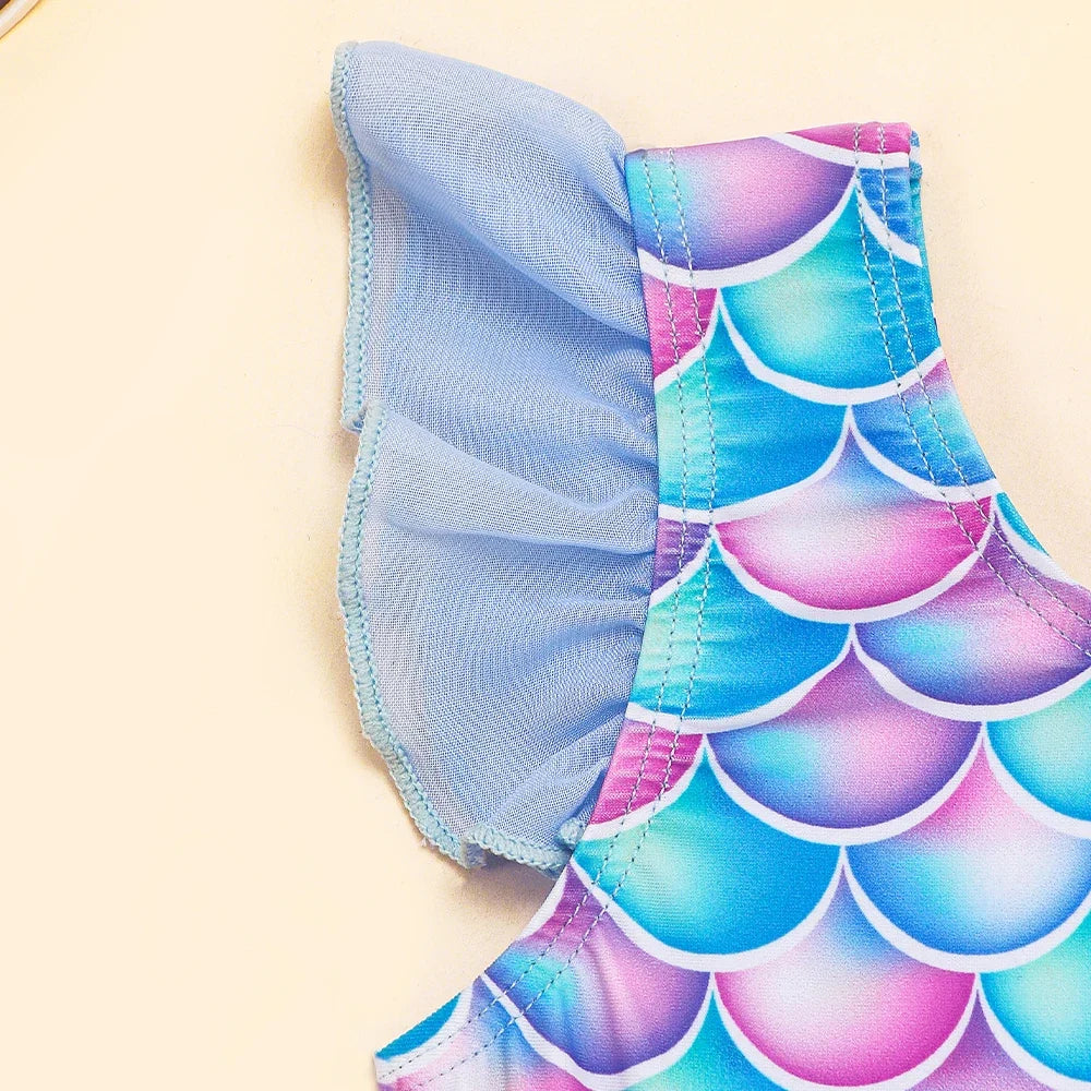 Mermaid-Scale Print, Ruffle Sleeves, Tulle, Polyester Elastane, Beach – Fast-Dry Sturdy Girls' One-Piece Swimsuit
