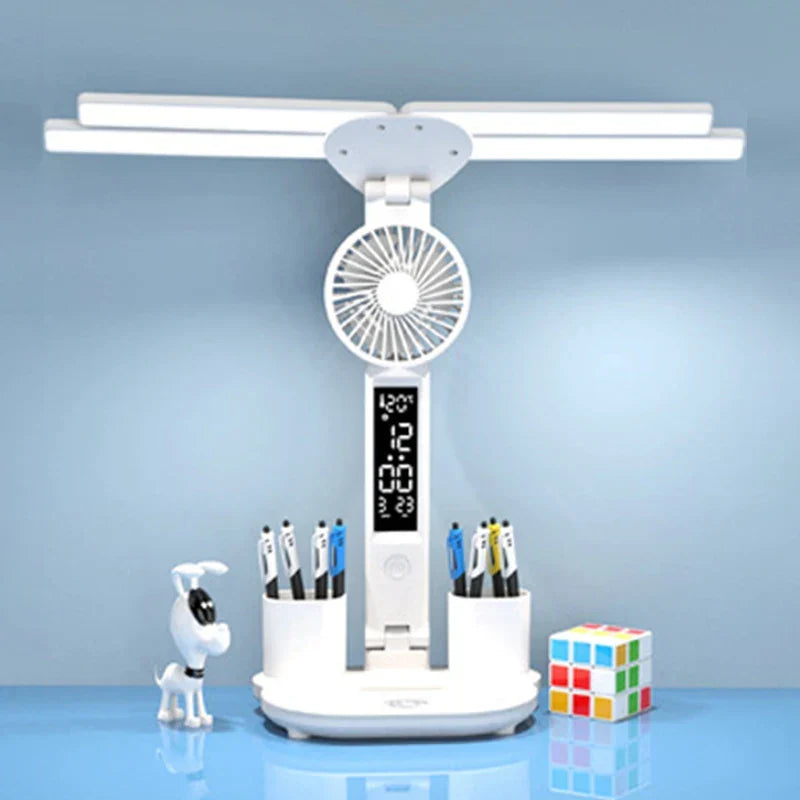 Battery-Powered Desk Lamp LED With Fan And Clock Display Study Light Back To School 2025 Travel-Friendly Flexible Brightness