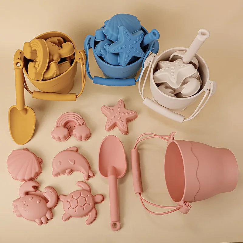 Silicone Beach Toy Kit 8Pc Bucket And Molds Kids Sand Play Summer 2025 Flexible Simple Clean Safe Gift