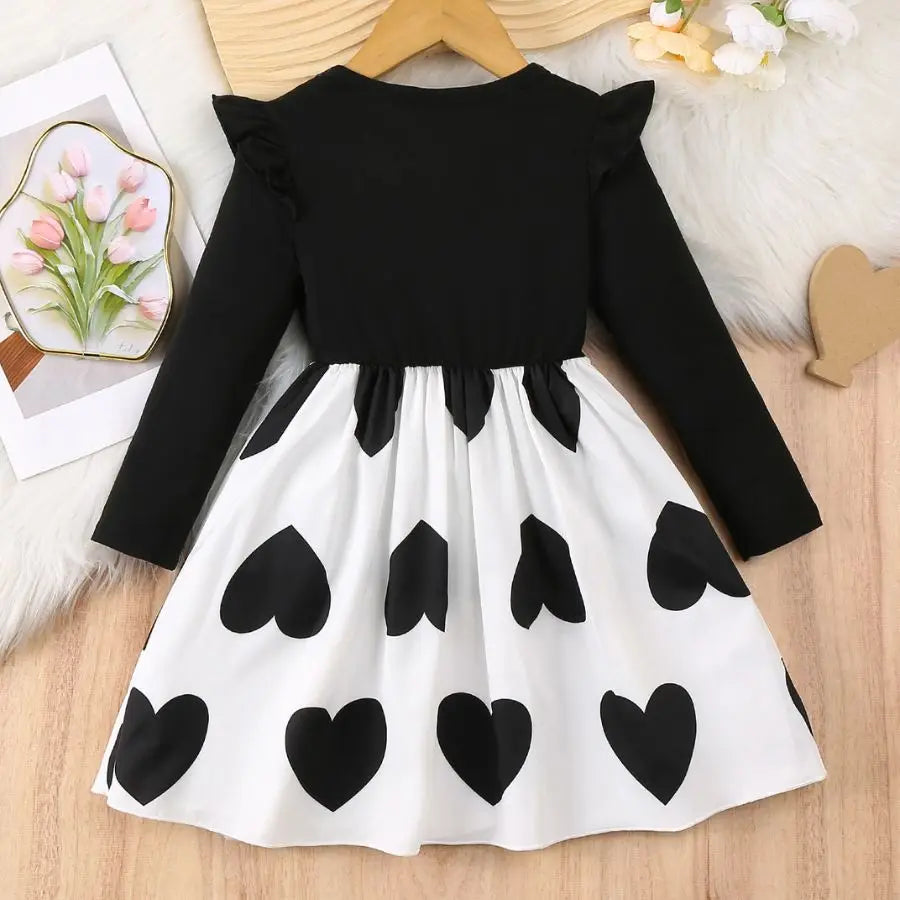 Plush girls' dress - Korean-style timeless heart-print, polyester, party wear for spring birthdays