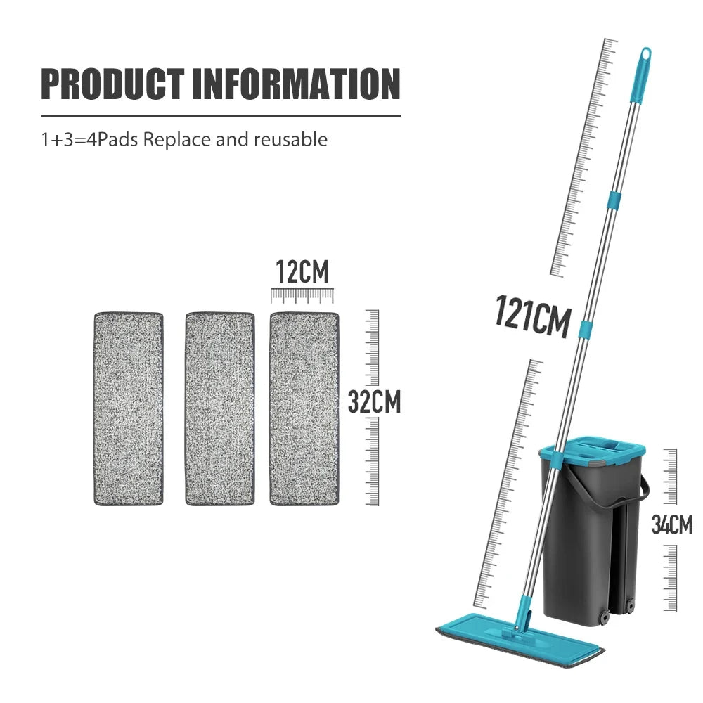 Household Cleaning Hand-Free Flat Floor Mop & Bucket Kit with Washable Microfiber 4x Pads