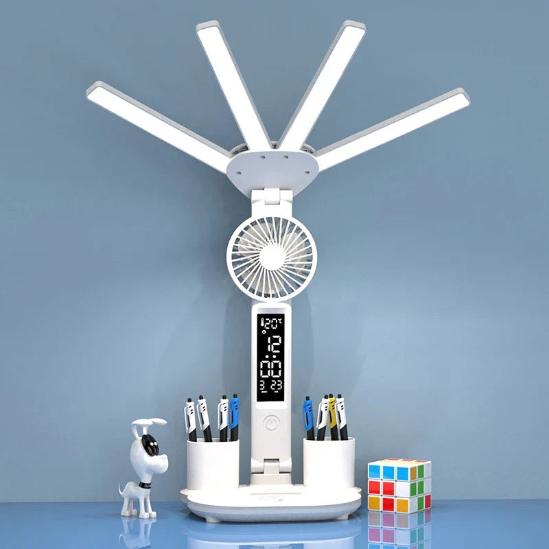 Battery-Powered Desk Lamp LED With Fan And Clock Display Study Light Back To School 2025 Travel-Friendly Flexible Brightness